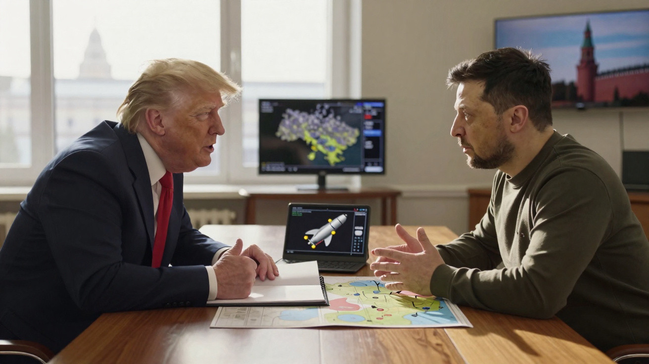 Dois homens sentados à mesa discutem mapas e dados exibidos em telas em ambiente iluminado por luz natural.