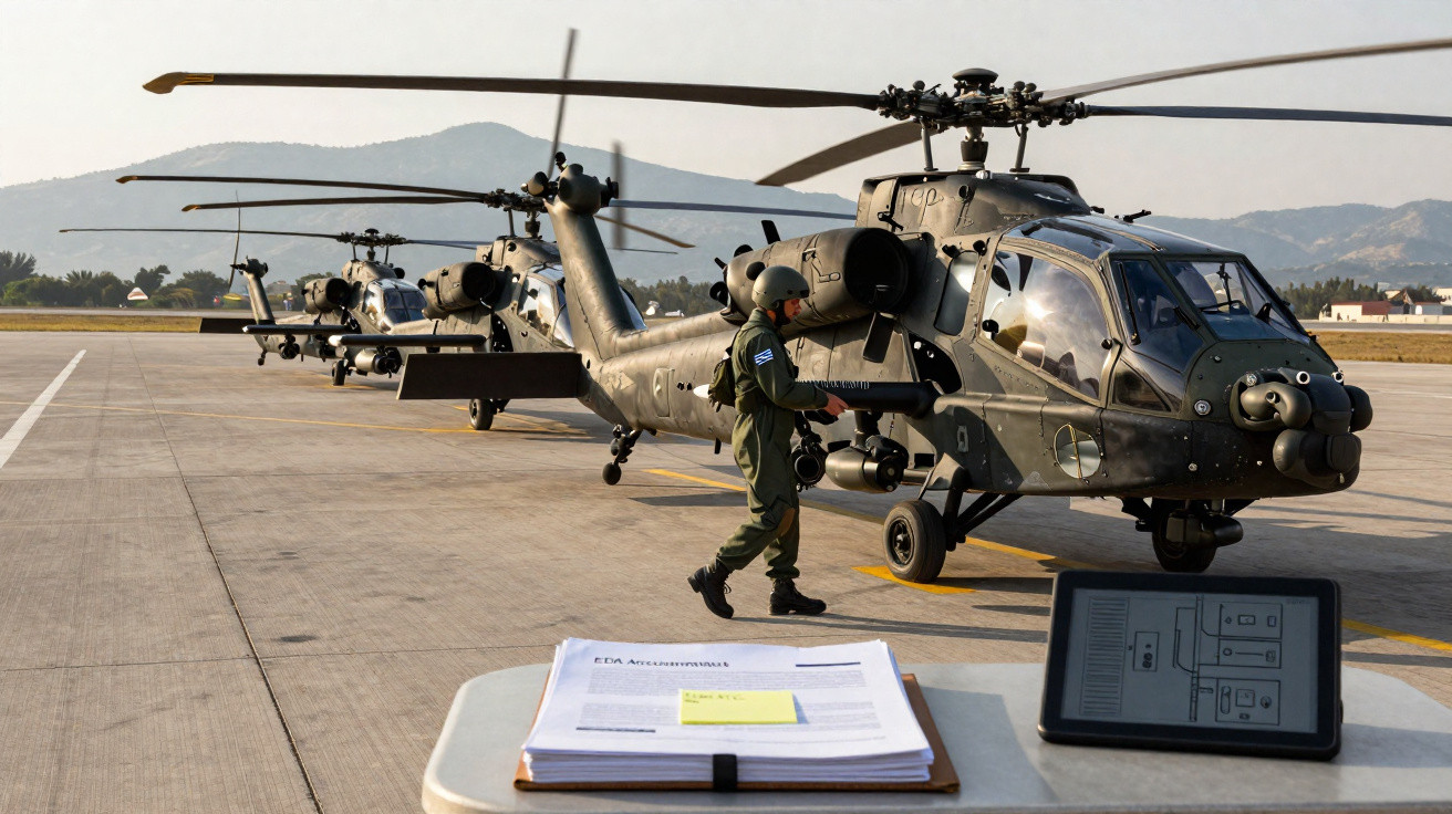 Helicópteros militares estacionados em pista com soldado caminhando ao lado, e documentos em mesa em primeiro plano.