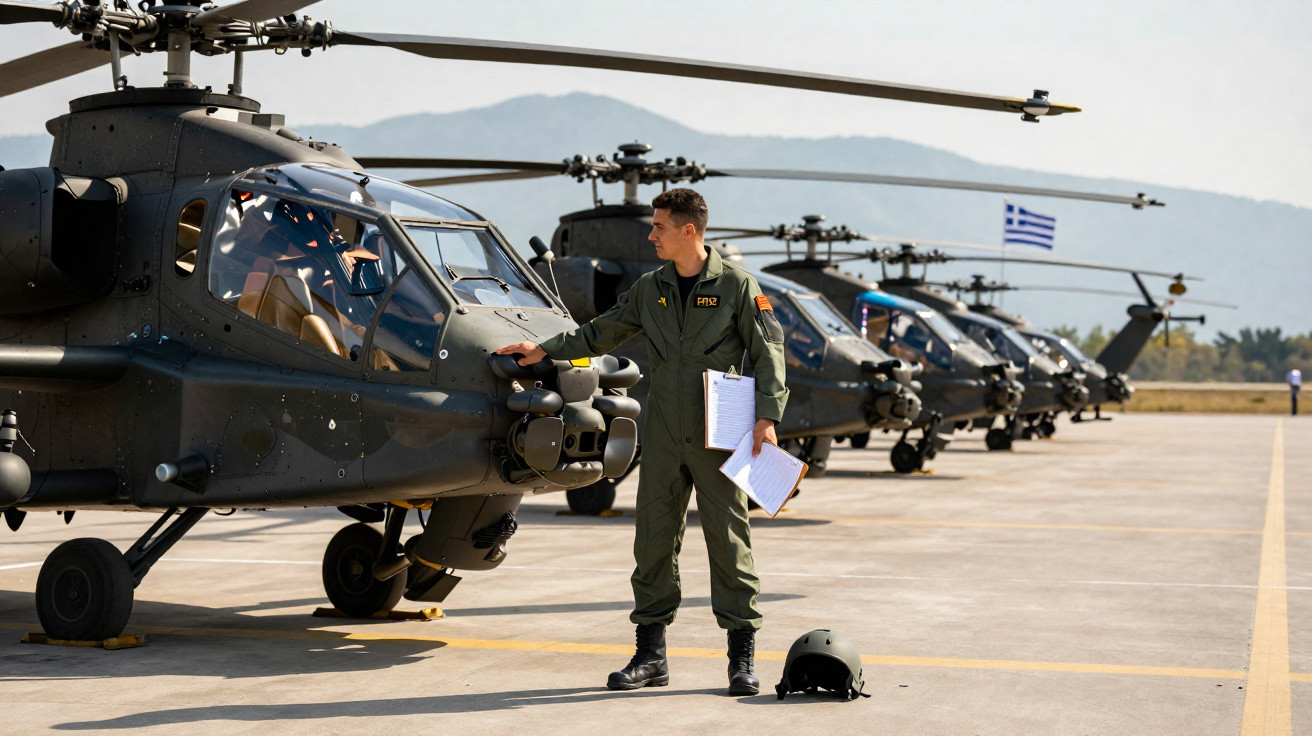 Soldado em uniforme verde inspeciona helicóptero militar em hangar ao ar livre com outros helicópteros alinhados.