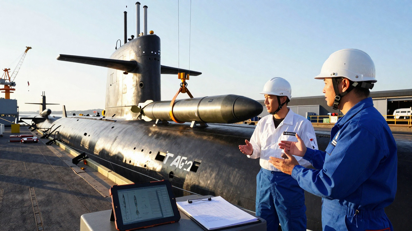 Dois trabalhadores com capacetes supervisionam torpedo próximo a submarino preto no porto.