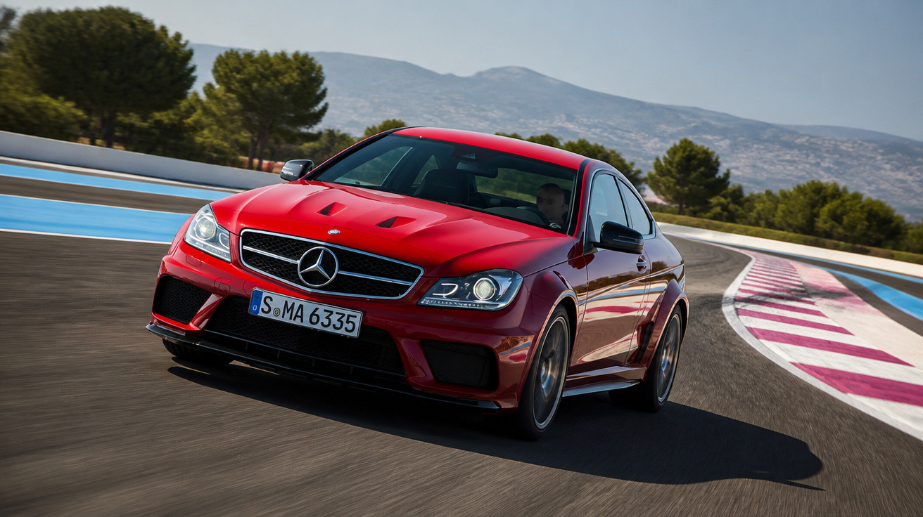 Carro esportivo vermelho Mercedes-Benz em curva de pista de corrida sob céu claro e montanhas ao fundo.