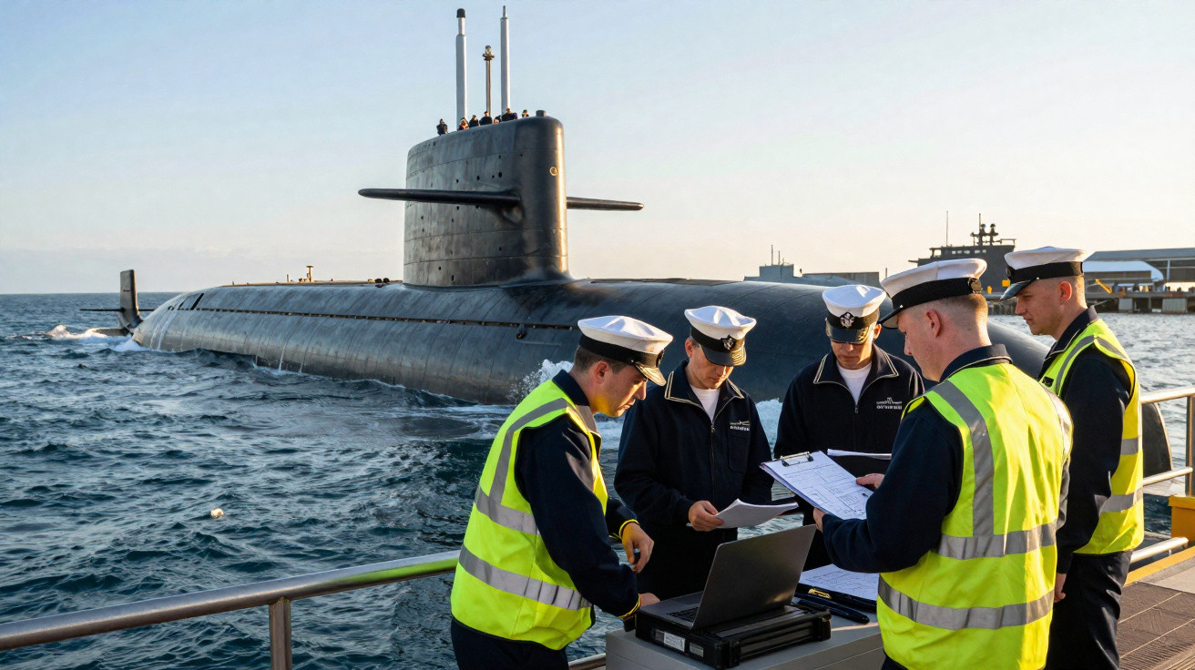 Cinco militares em coletes refletores revisam documentos diante de um submarino ancorado no mar.