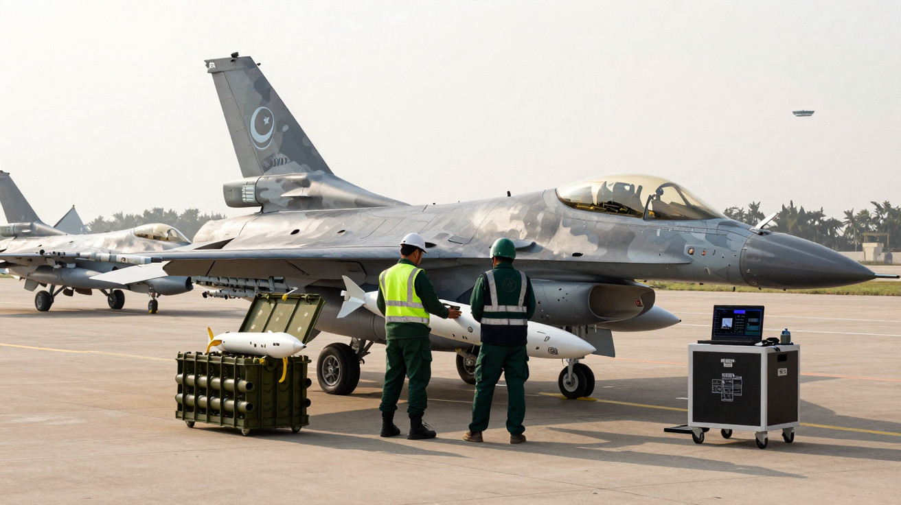 Dois técnicos inspecionam míssil ao lado de caça F-16 da Força Aérea do Paquistão em pista de aeroporto.