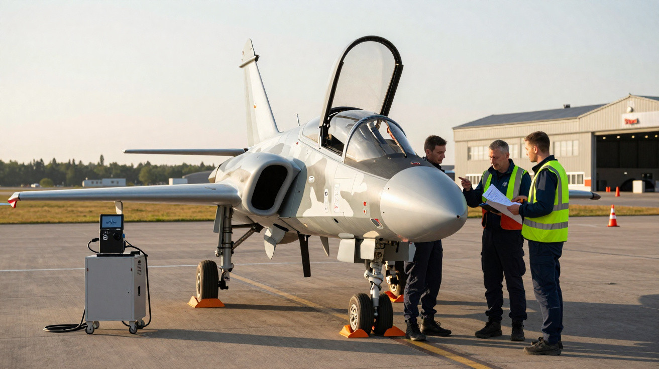 Avião militar estacionado com três homens em coletes de segurança conversando próximo à pista.