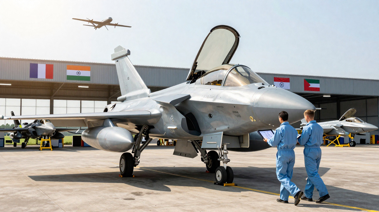 Caça militar cinza na pista com dois técnicos de azul e avião de transporte voando ao fundo.