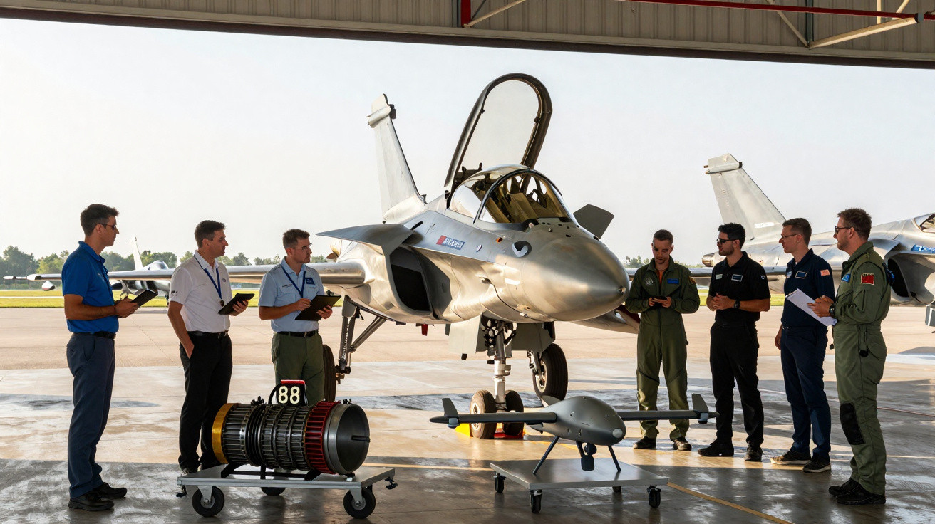 Homens em uniforme ao redor de avião militar e equipamento em hangar com porta aberta em dia claro.