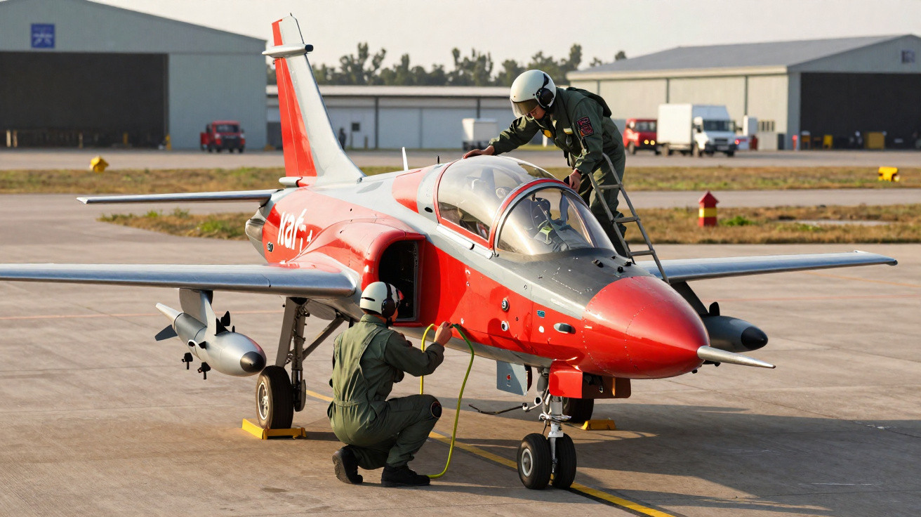 Dois pilotos em uniformes verdes realizam manutenção em jato militar vermelho e branco no aeroporto.
