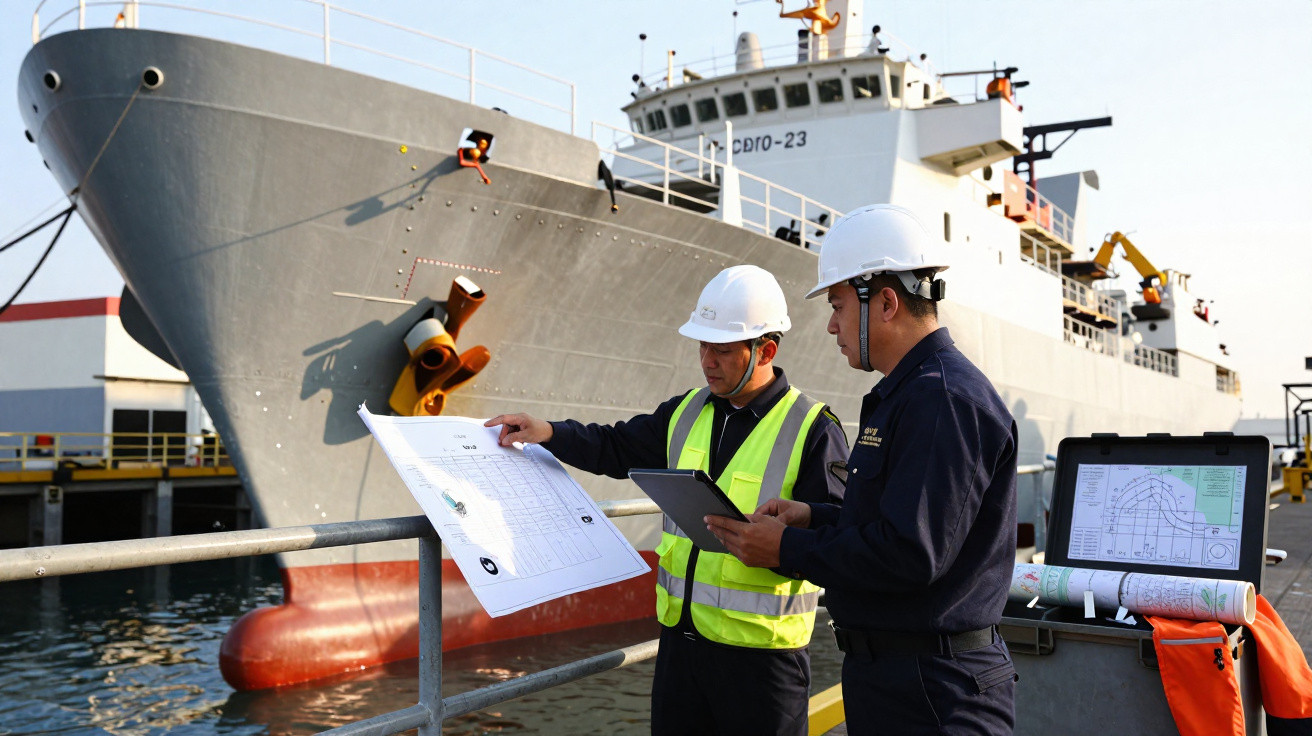 Dois trabalhadores com capacetes e coletes refletores analisam plantas na frente de um navio no porto.