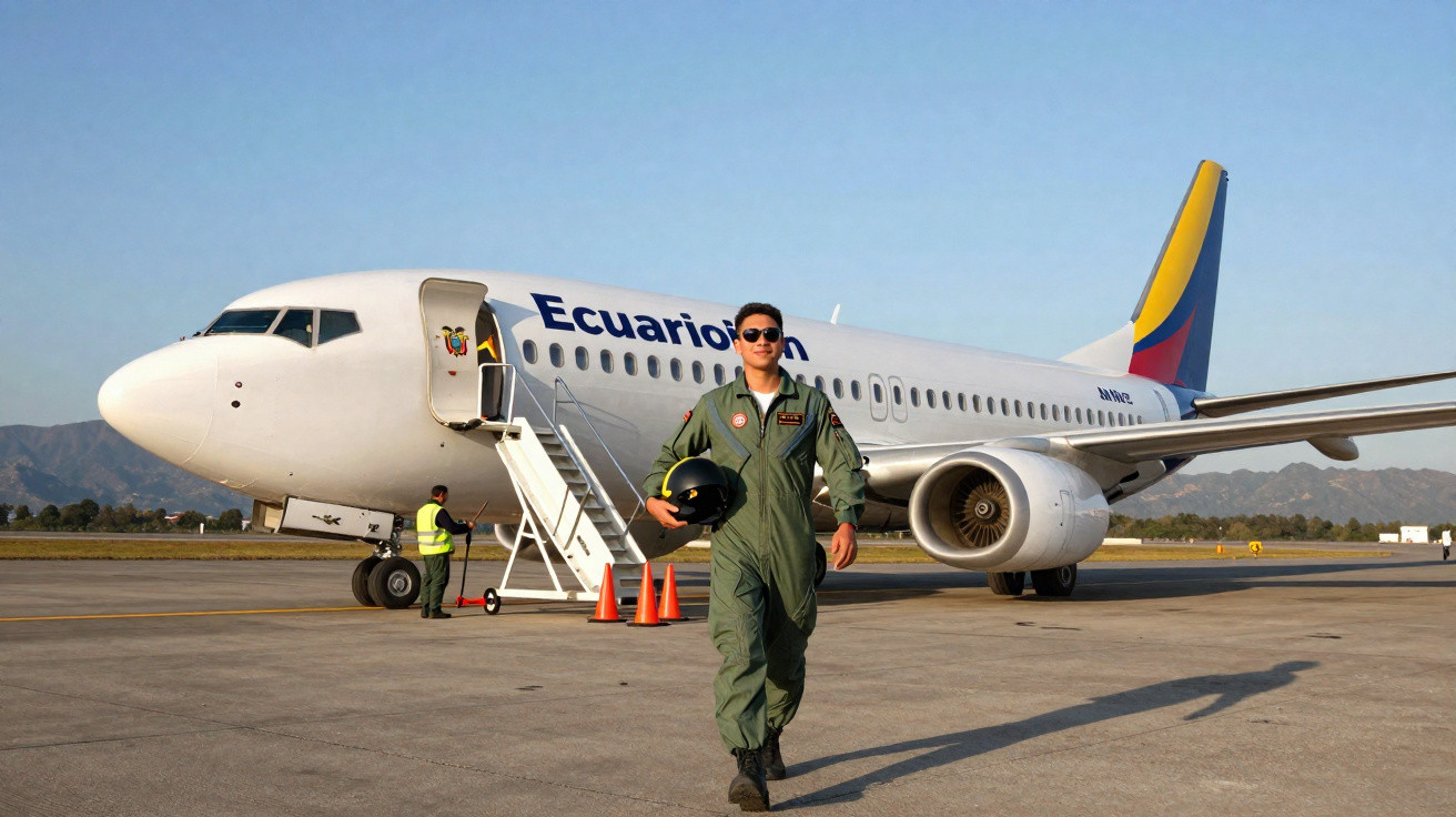Piloto em macacão verde segura capacete e caminha em frente a avião da Ecuatoriana no aeroporto ao entardecer.