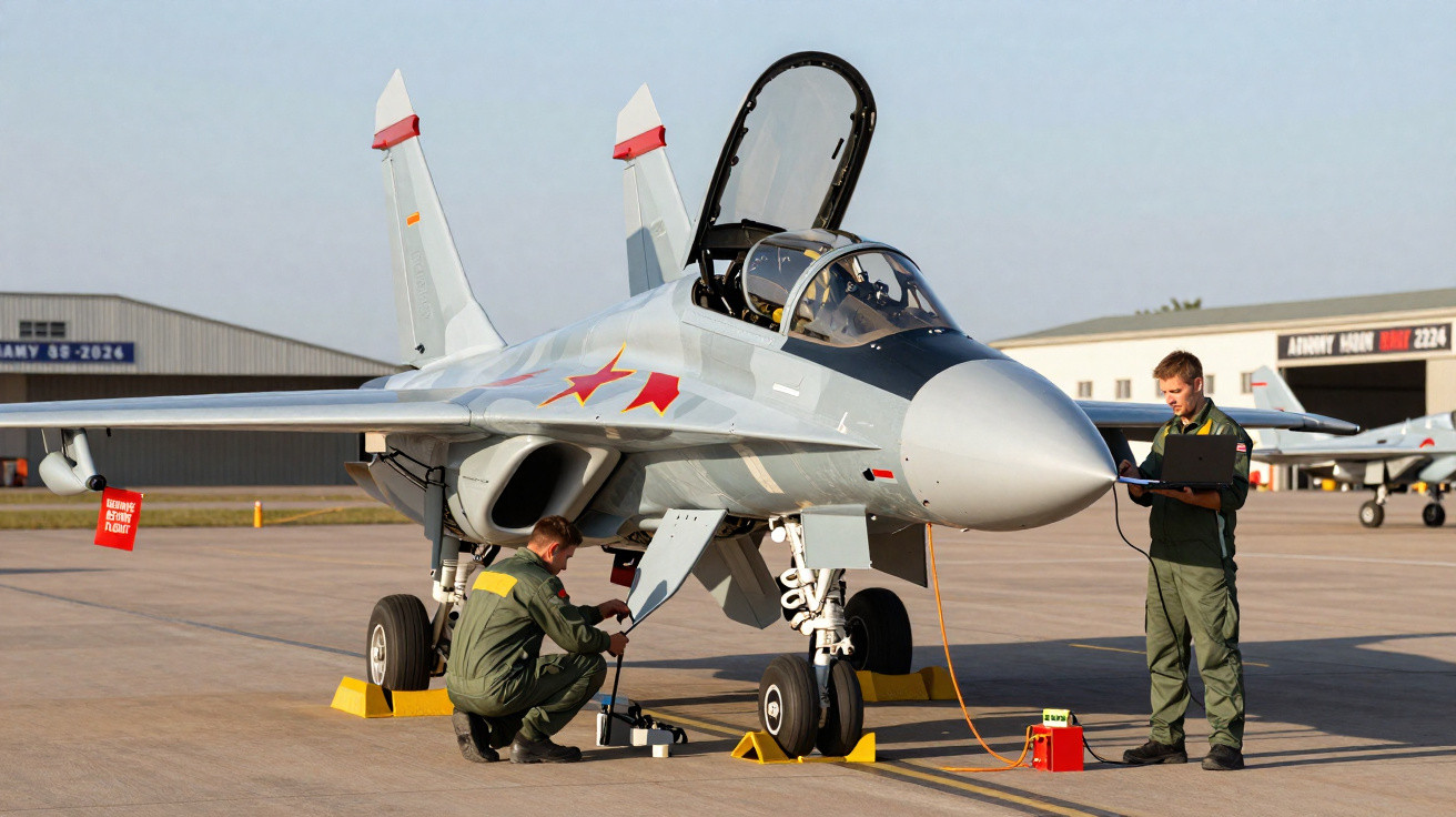 Avião de caça em solo com dois técnicos realizando manutenção em pista de aeroporto militar.
