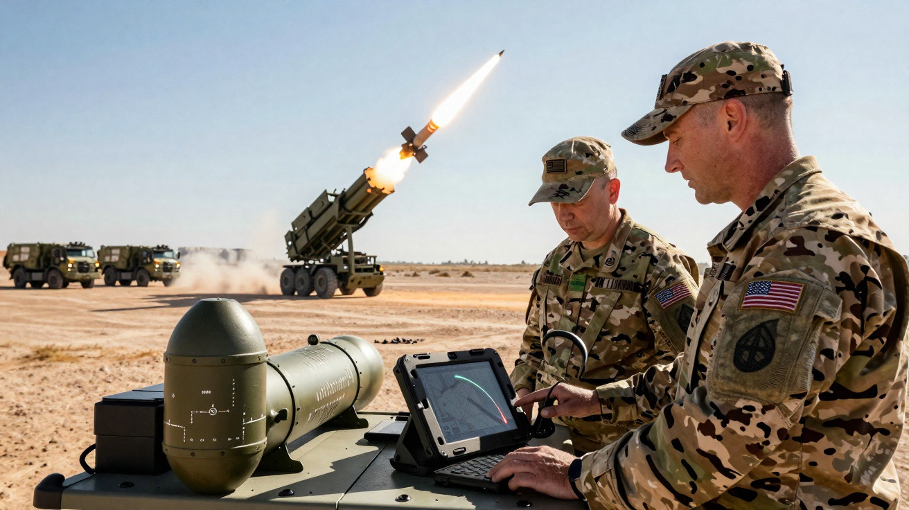 Dois soldados dos EUA operando equipamentos militares com lançamento de míssil no deserto ao fundo.