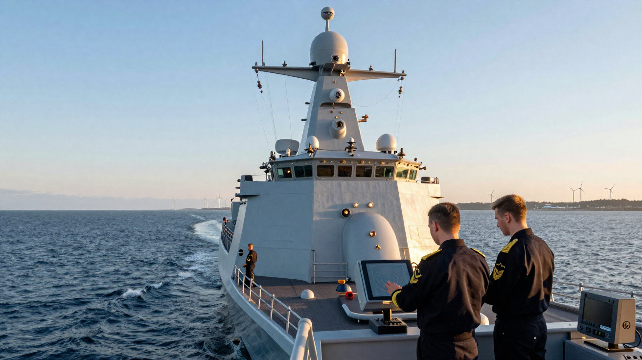 Dois oficiais em uniforme naval operam equipamentos eletrônicos na proa de um navio militar em alto-mar ao entardecer.