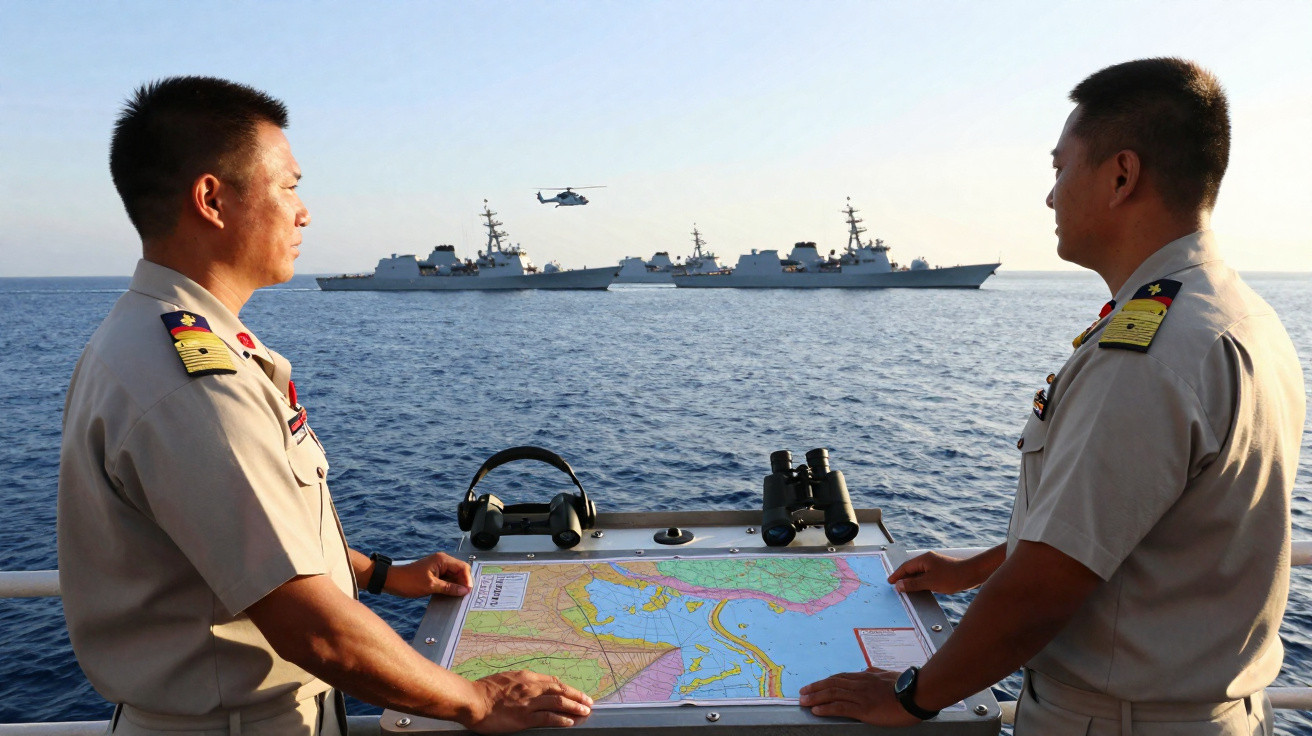 Dois oficiais militares com mapa naval observam navios de guerra e helicóptero no mar.