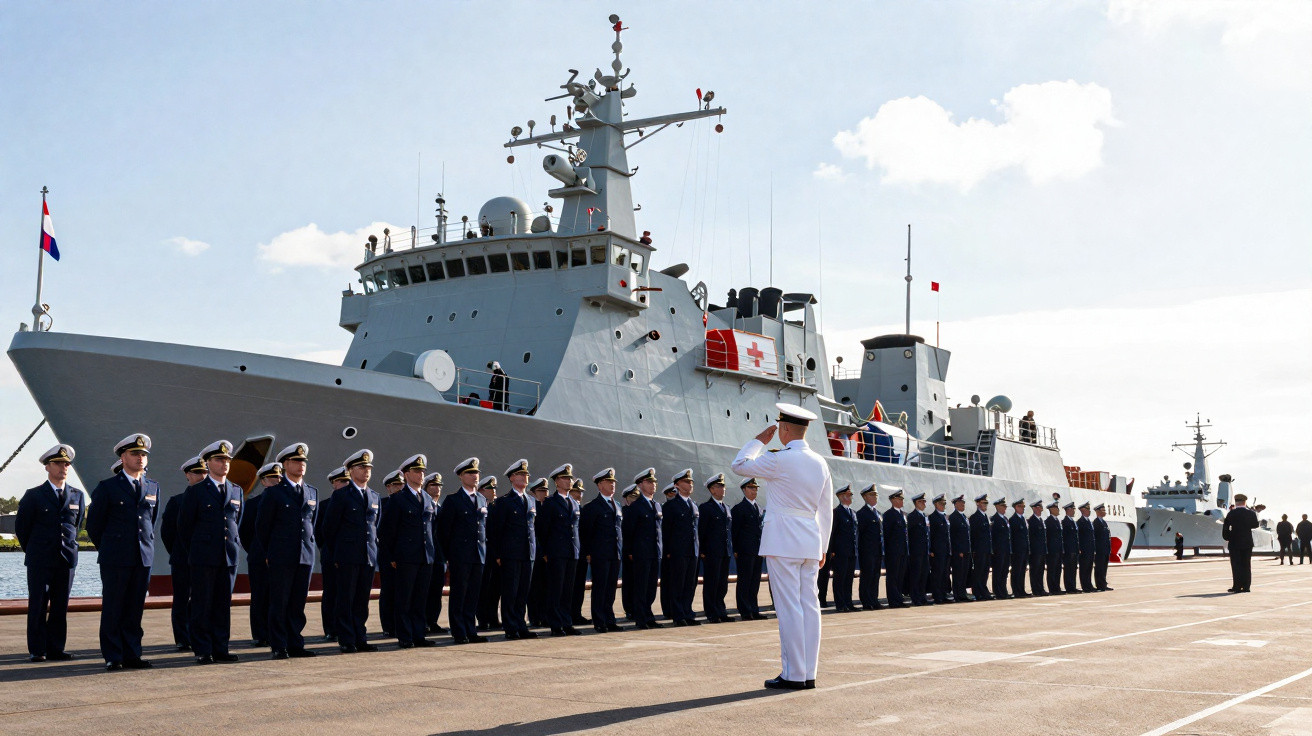 Marinha militar em formação na doca com navio de guerra cinza ao fundo e oficial cumprimentando.