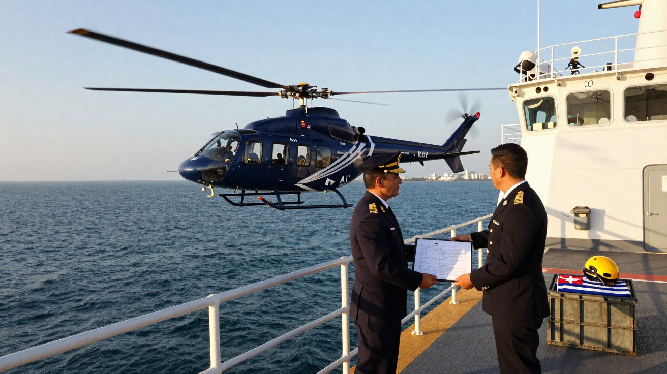Dois militares em uniforme trocando documentos no convés de navio com helicóptero voando próximo ao mar.