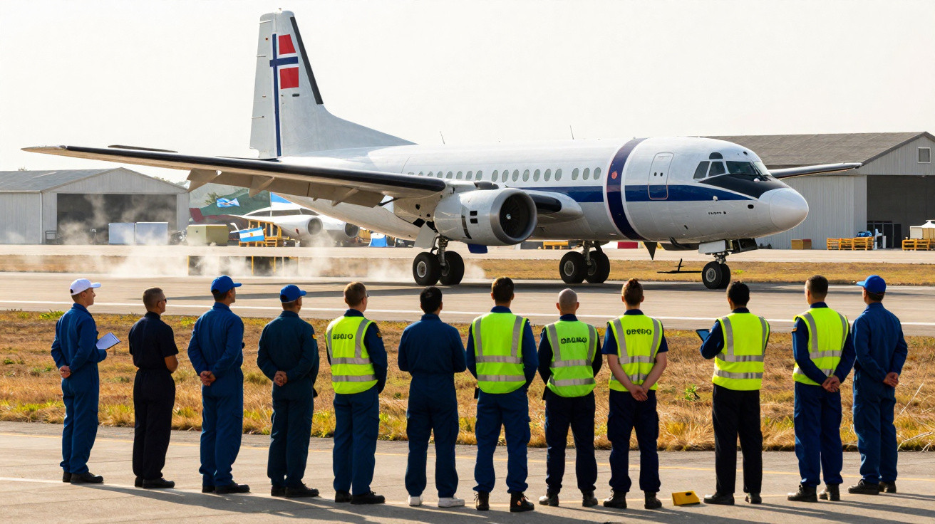 Equipe de manutenção observa avião de passageiros branco com faixa azul no aeroporto.