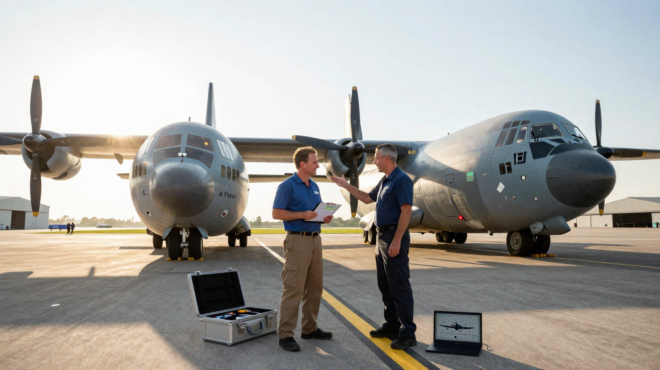 Dois técnicos conversam em frente a dois aviões militares cinzas estacionados no pátio de um aeroporto ao entardecer.