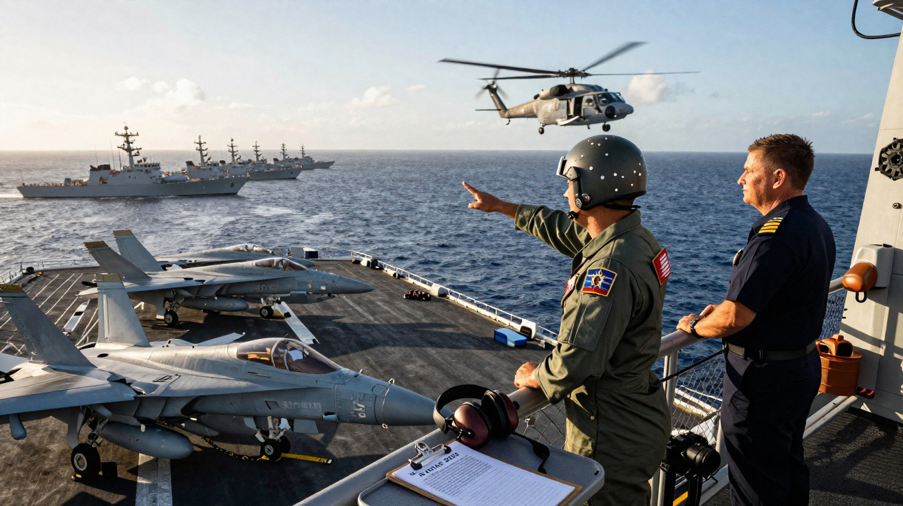 Helicóptero se aproximando de porta-aviões com caças e navios militares no mar, dois militares observando.