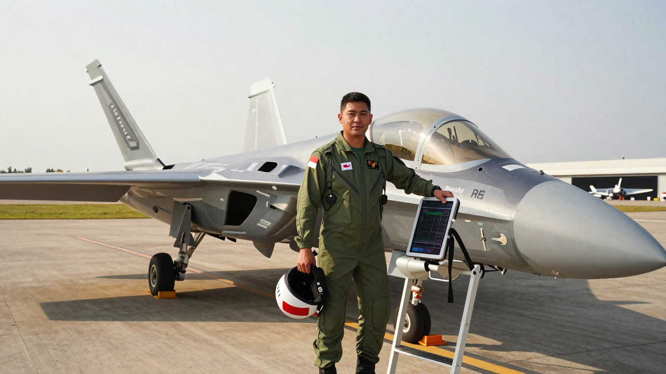 Piloto militar em uniforme verde ao lado de avião de caça cinza na pista de aeroporto.