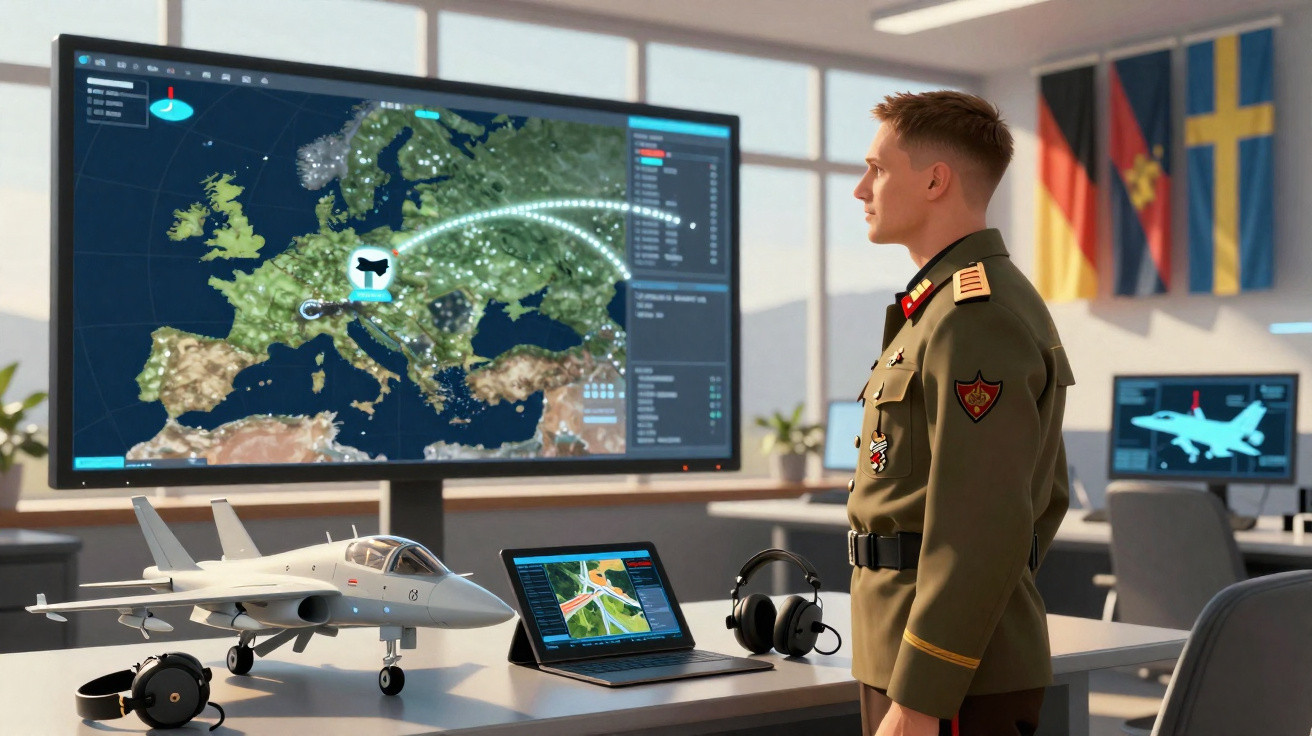 Militar observa tela com mapa da Europa e rota aérea, com modelo de avião e equipamentos em mesa.