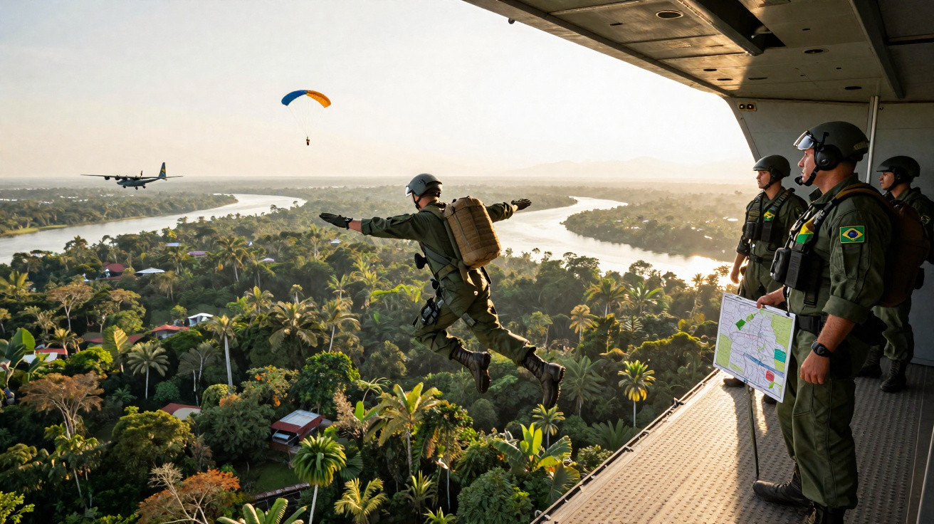 Soldados brasileiros em treinamento, um saltando de paraquedas de avião sobre floresta e rio ao amanhecer.