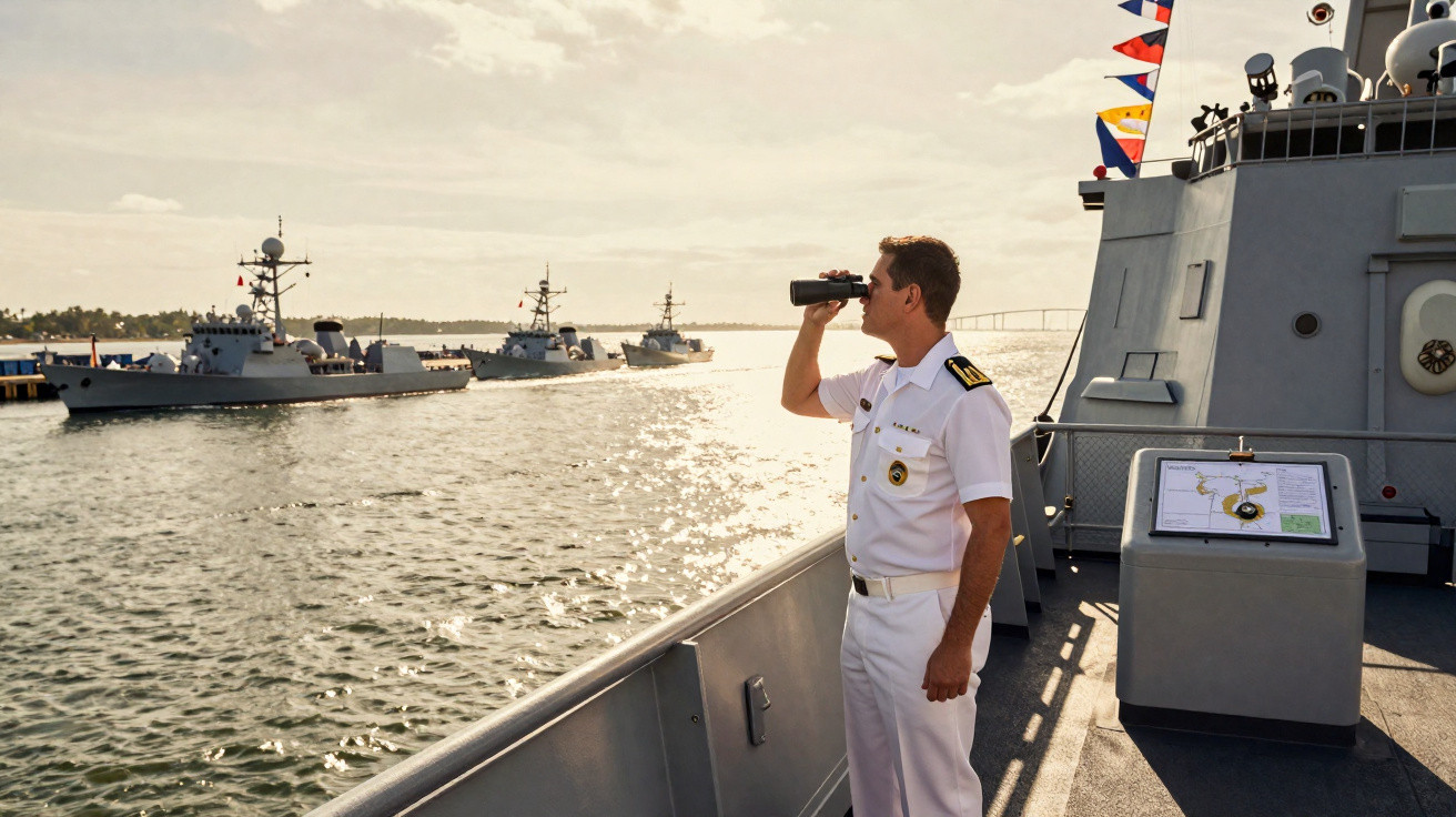 Homem em uniforme naval observa com binóculo navios de guerra no mar ao entardecer.