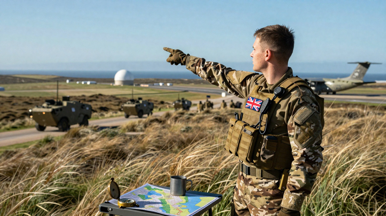 Militar britânico em campo apontando, com veículos militares, mapa e avião ao fundo sob céu claro.