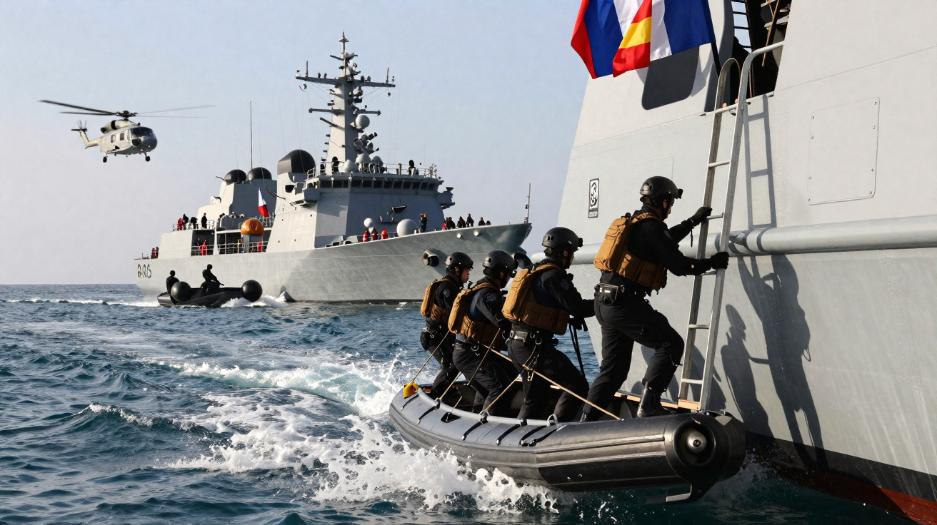 Equipes táticas em bote inflável abordam navio de guerra, com helicóptero e outro navio ao fundo no mar aberto.