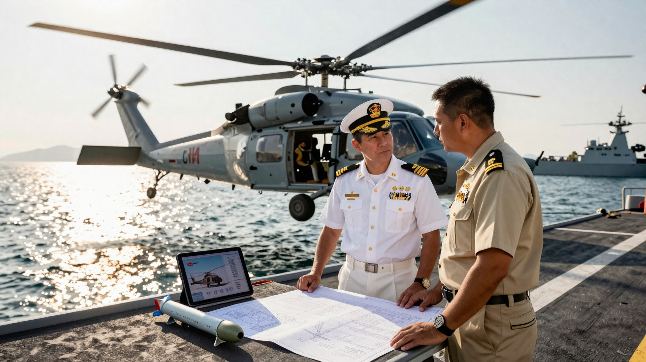 Dois militares analisam mapas em um convés naval com helicóptero e navios ao fundo durante o dia.