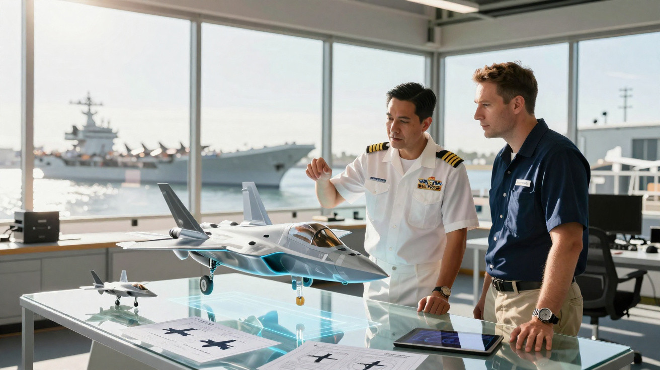 Dois homens analisam maquete futurista de avião em sala com vista para navios de guerra no porto.
