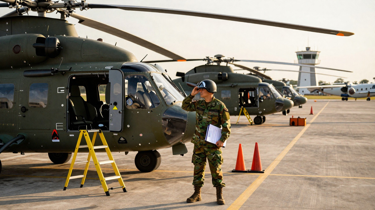 Militar em uniforme camuflado e capacete cumprimenta próximo a helicópteros militares alinhados em pista de aeroporto.