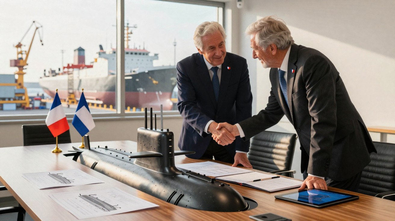 Dois homens em terno apertando mãos diante de modelo de submarino e bandeiras da França e Finlândia.