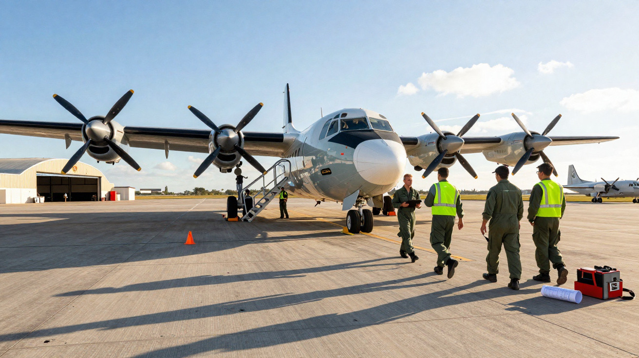 Avião militar de quatro hélices em pista com quatro homens uniformizados e coletes refletivos caminhando próximo.