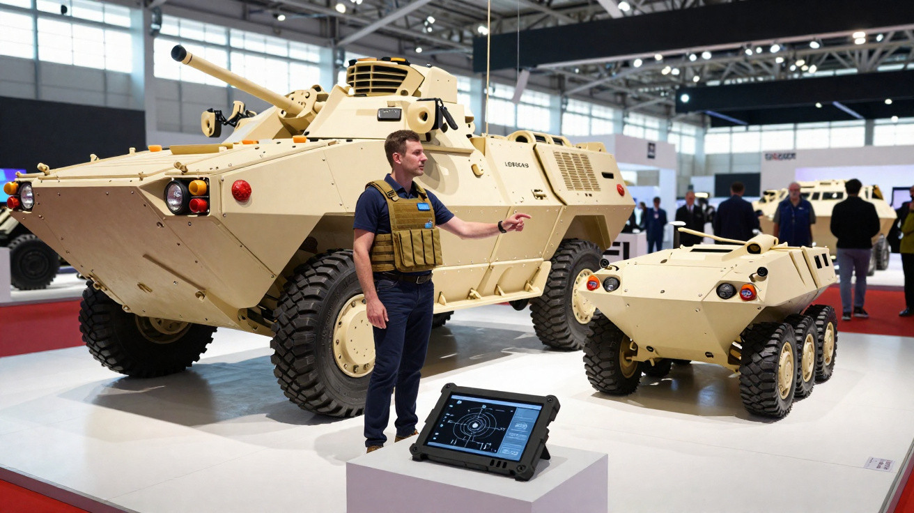 Homem com colete tático apresenta veículos militares blindados em exposição interna.