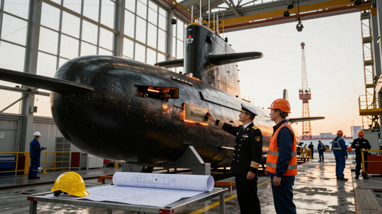 Submarino preto em hangar com engenheiros e oficial naval consultando planta e detalhes do veículo.