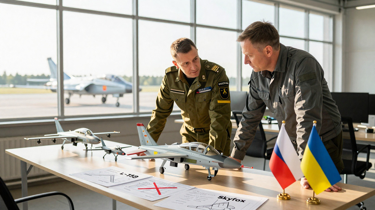 Dois militares em discussão sobre modelos de aviões de caça em mesa próximo a janelas de hangar aéreo.