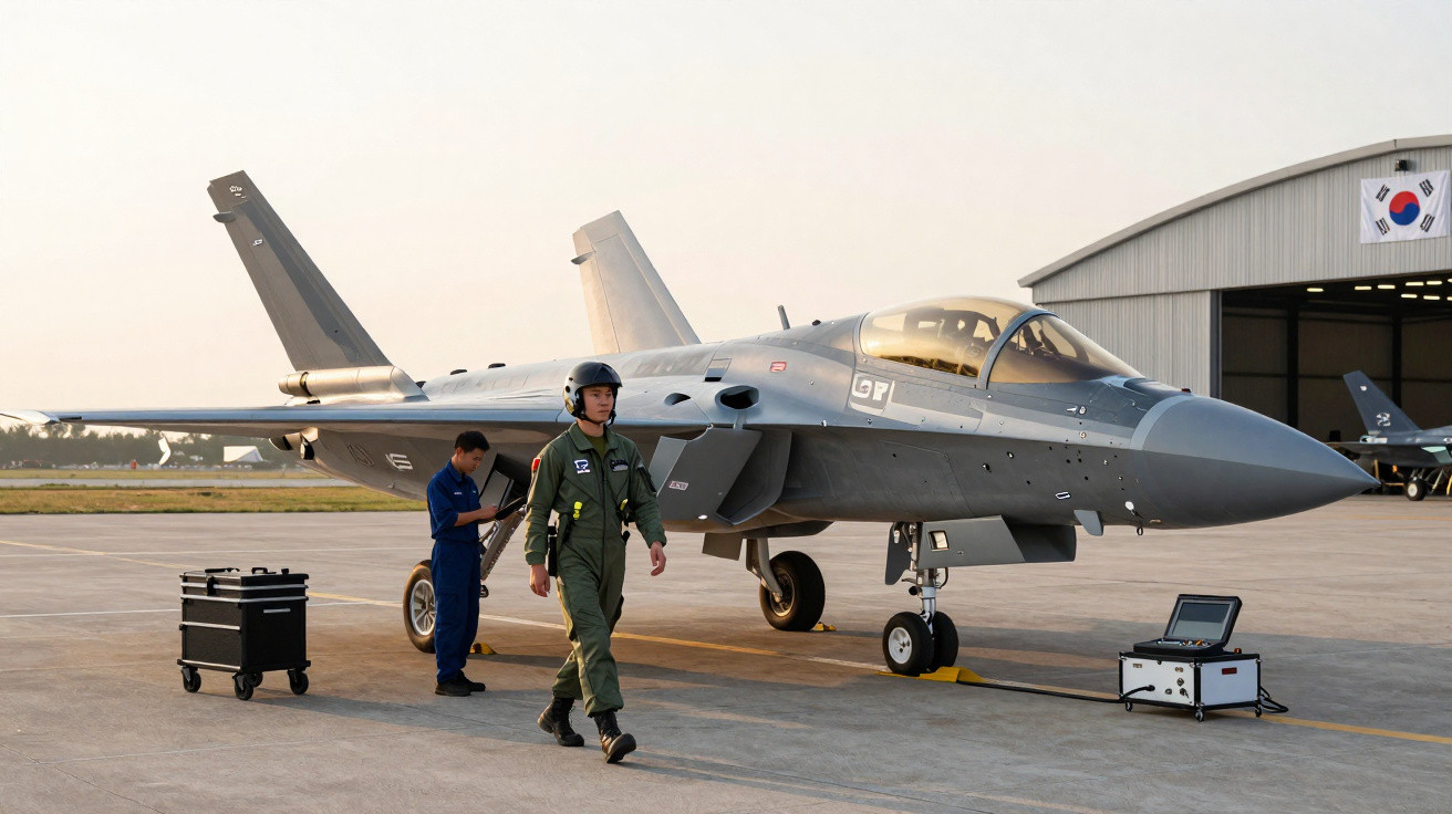 Avião militar cinza estacionado em pista com piloto de uniforme verde e mecânico trabalhando ao fundo.