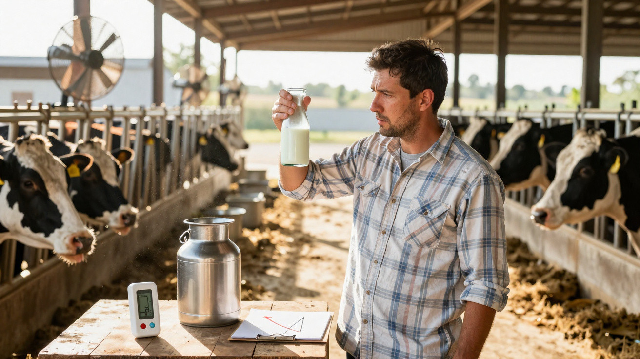 Homem em celeiro observa garrafa de leite, com vacas ao fundo e equipamento de medição na mesa.