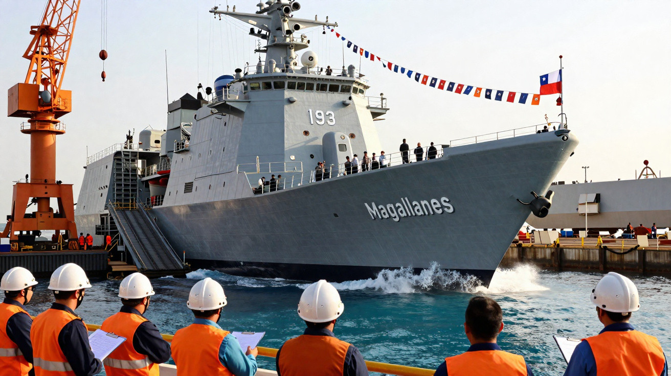 Navio de guerra chileno Magallanes atracado, com equipe usando coletes laranja e capacetes brancos observando.