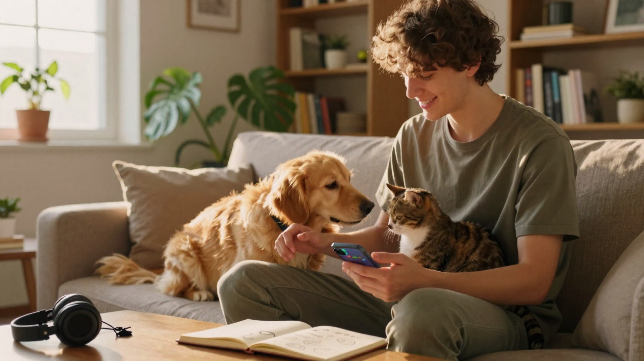 Jovem sorridente no sofá com um gato no colo e acariciando um cachorro ao lado, usando celular.