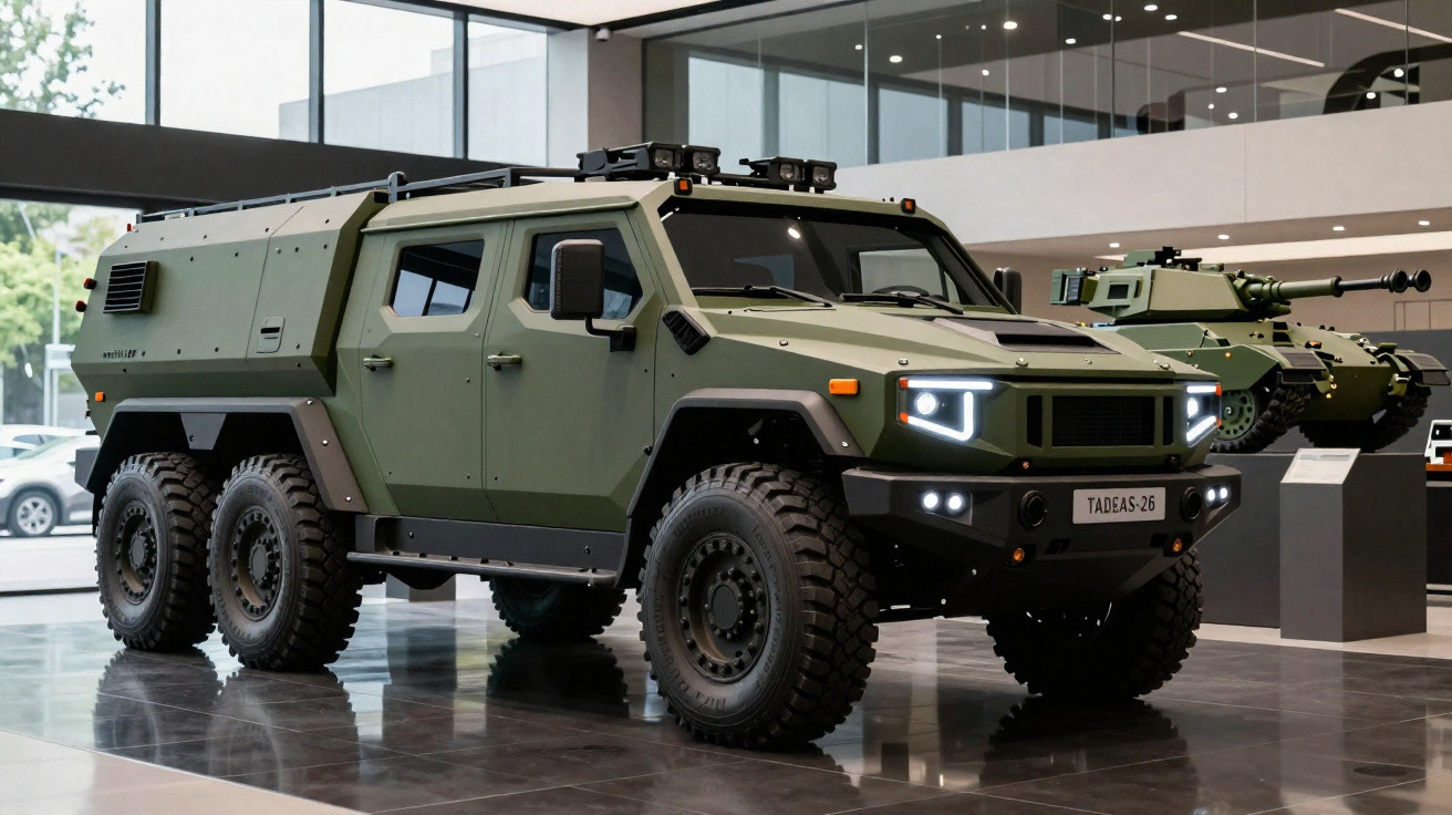 Veículo blindado militar Tadeas-26 verde exposto em ambiente interno moderno.