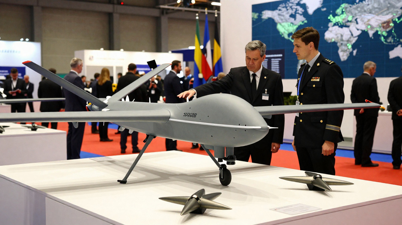 Dois homens em trajes formais observam um modelo de drone militar exposto em evento.