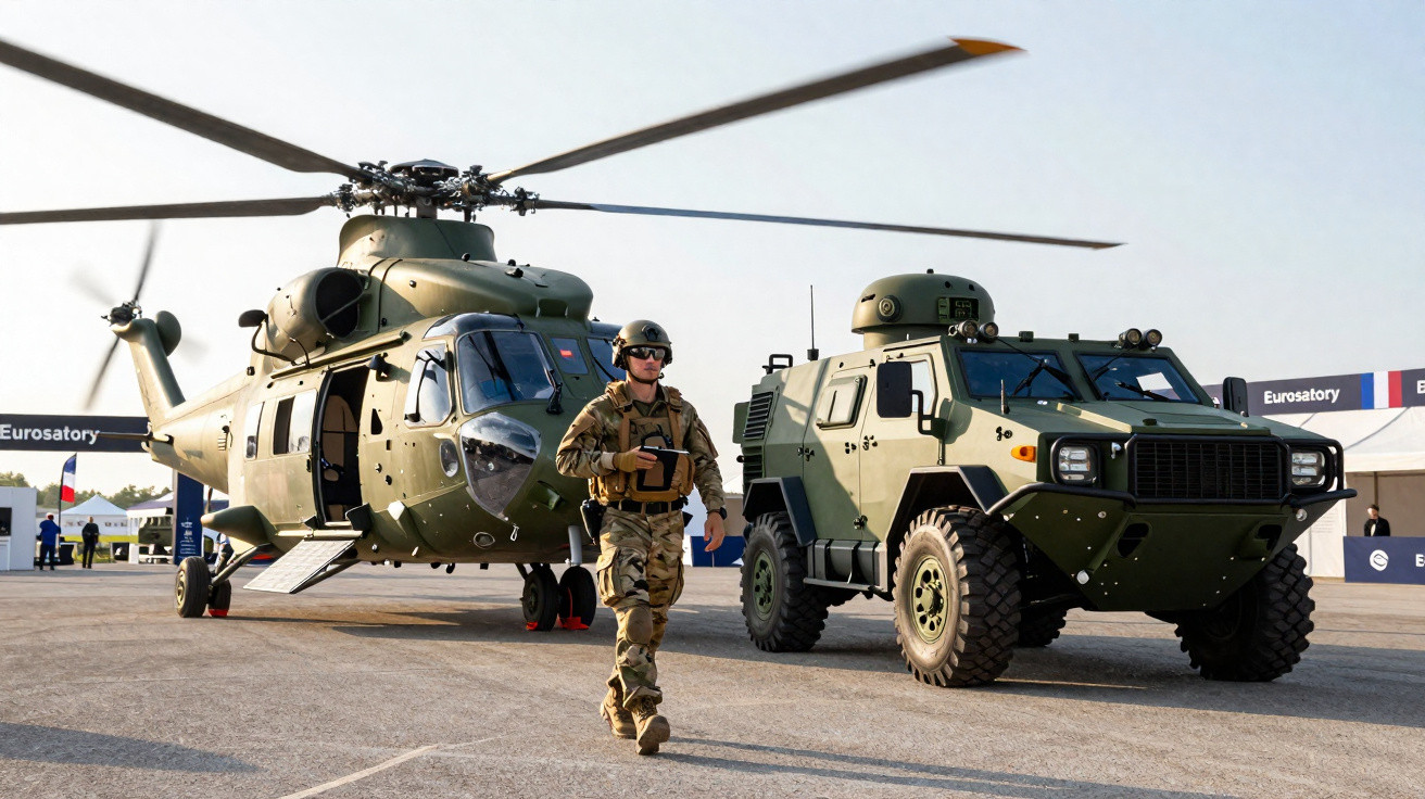 Helicóptero militar verde, veículo blindado e soldado uniformizado em área de exposição ao ar livre.