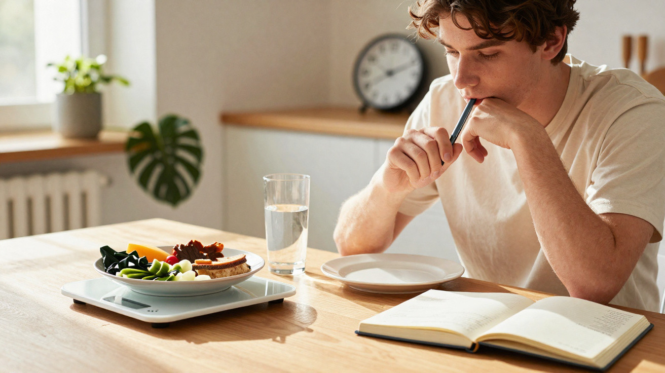 Jovem sentado à mesa lendo livro, com prato de comida, copo d'água e caneta na boca.