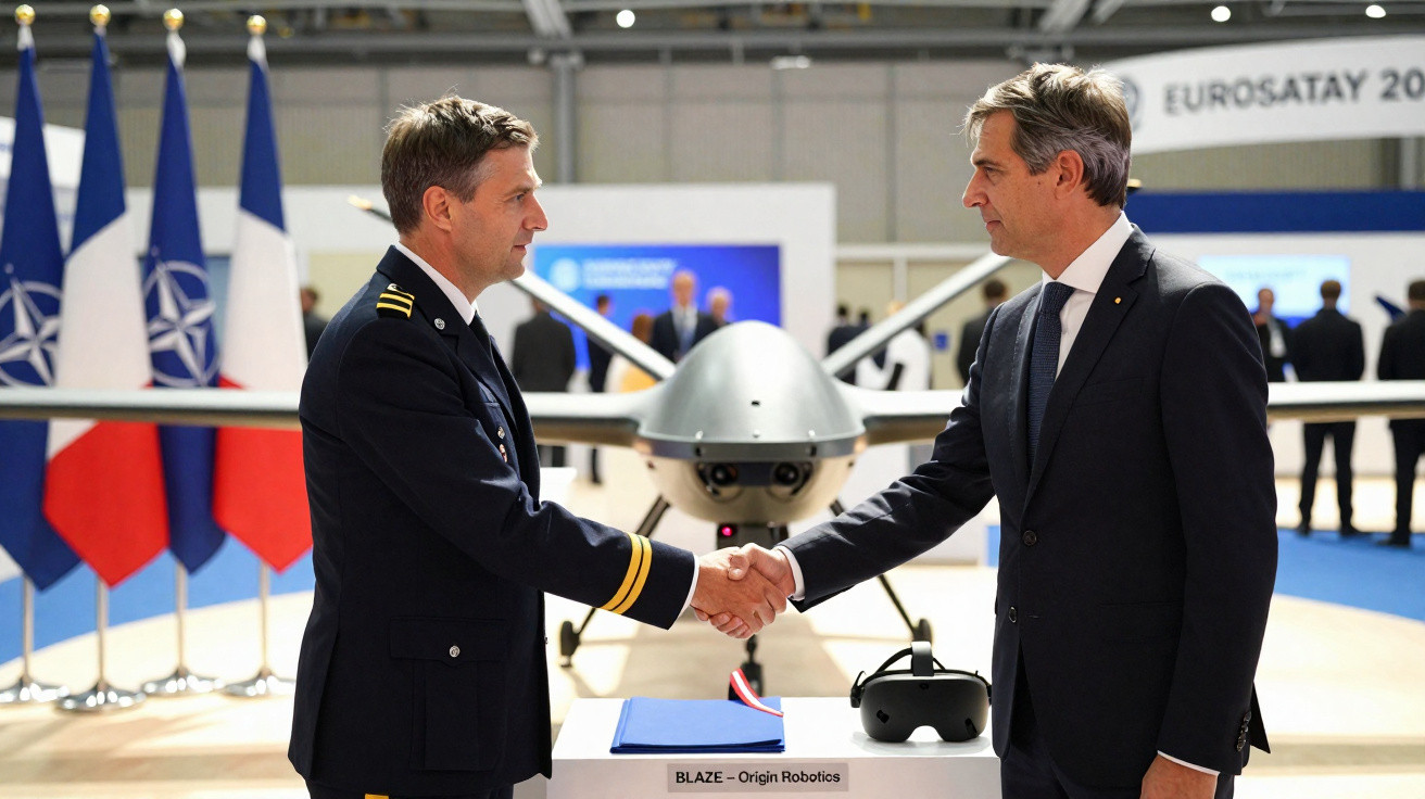 Dois homens apertando as mãos em evento de tecnologia militar, com drone e bandeiras ao fundo.