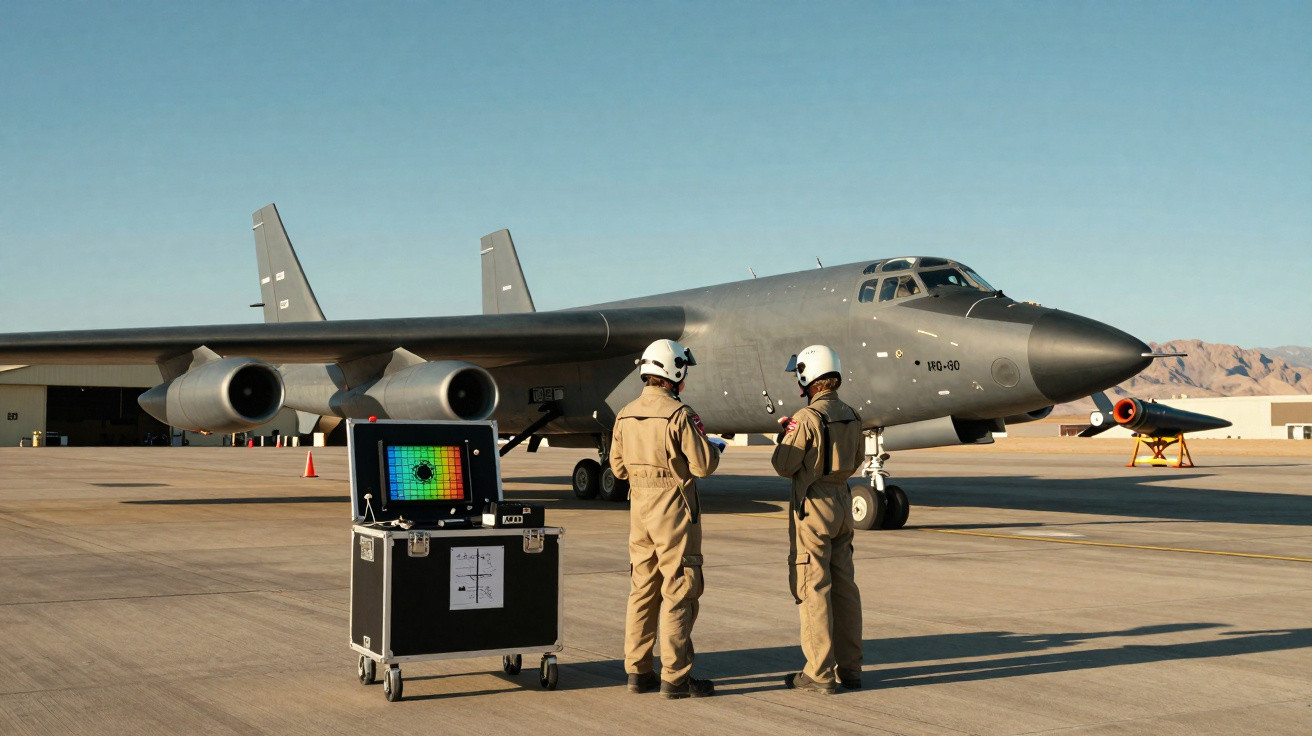 Dois militares com equipamentos e um avião militar cinza estacionado em pista de aeroporto.