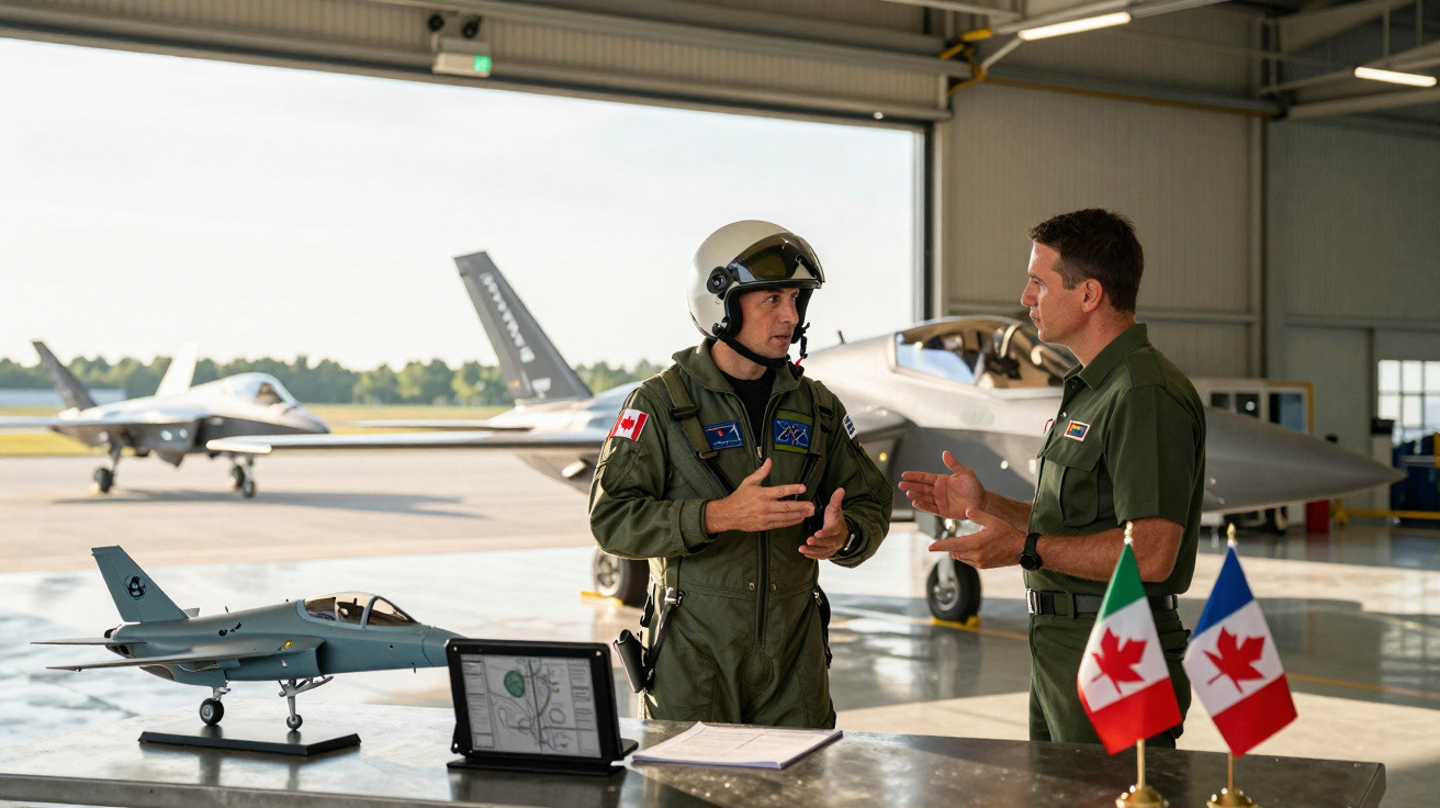 Dois militares conversando em hangar com modelo de avião e bandeiras do Canadá sobre a mesa.