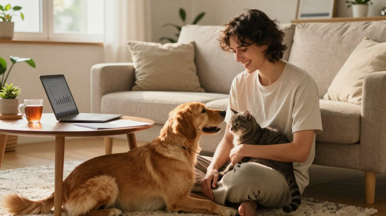 Pessoa sorridente sentada no chão de sala com gato no colo e cachorro olhando para ela.