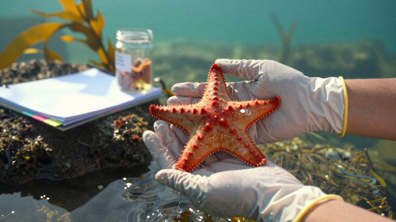 Mãos com luvas seguram uma estrela-do-mar vermelha em ambiente aquático com equipamentos de pesquisa ao fundo.