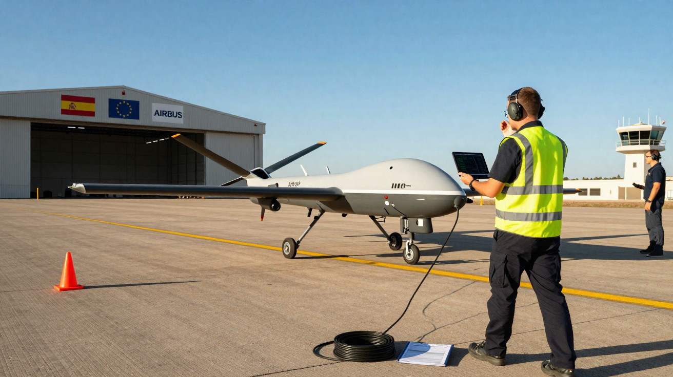 Homem com colete amarelo opera drone cinza em pista de aeroporto perto de hangar da Airbus em dia ensolarado